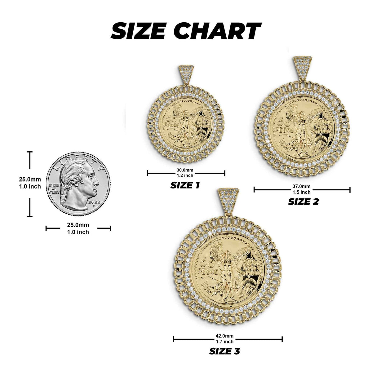 Size chart showing three gold Centenario coin pendants beside a U.S. quarter for scale.