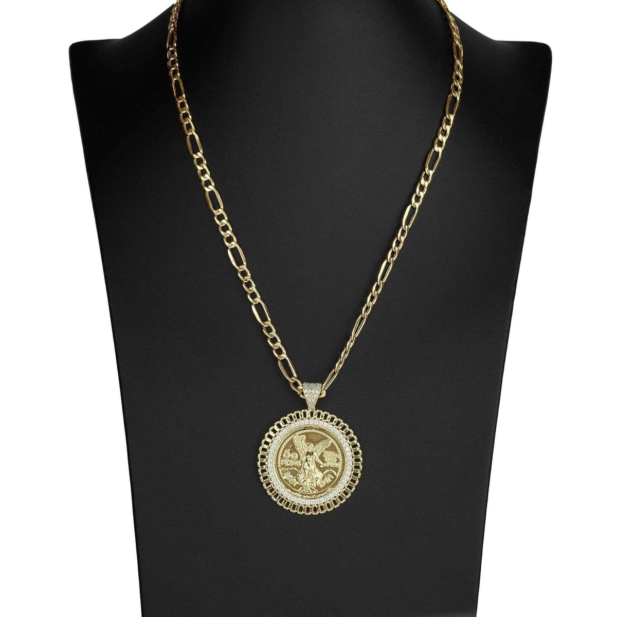 Gold Figaro chain necklace featuring a Mexican Centenario eagle pendant with cubic zirconia details.