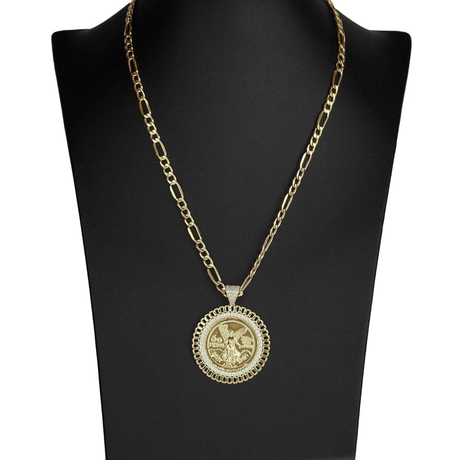 Gold Figaro chain necklace featuring a Mexican Centenario eagle pendant with cubic zirconia details.