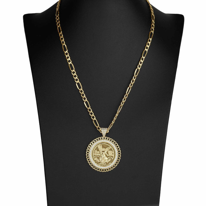 Gold Figaro chain necklace with a circular coin pendant displayed on a black jewelry bust.