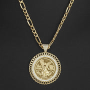 14k gold necklace featuring a brilliant crystal Rolex-style bezel pendant on a dark background.