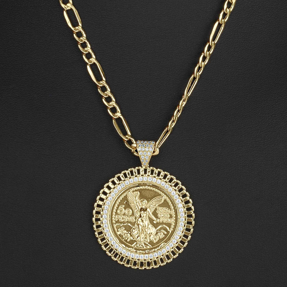 14k gold necklace featuring a brilliant crystal Rolex-style bezel pendant on a dark background.