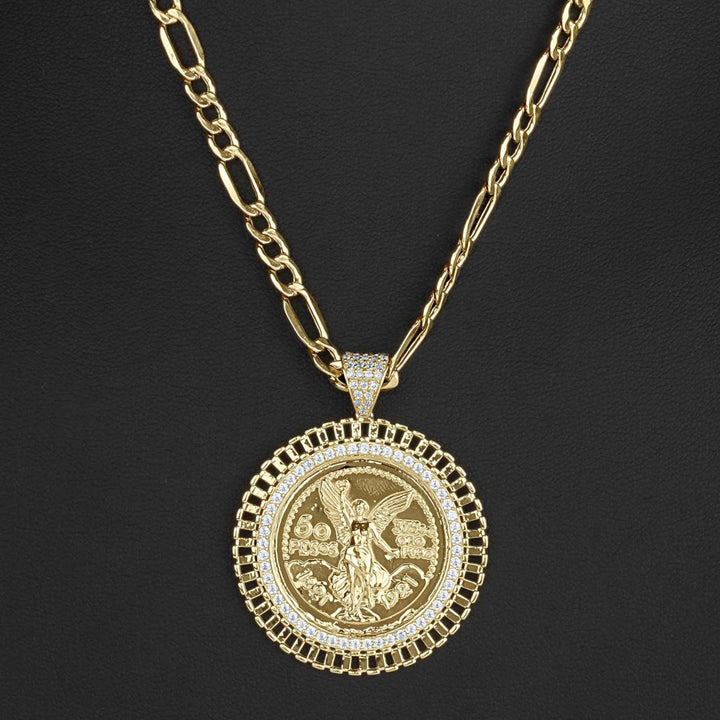 14k gold necklace featuring a brilliant crystal Rolex-style bezel pendant on a dark background.