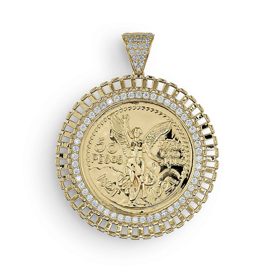Close-up of a glittering 14k gold round pendant with a sparkling crystal Rolex-style bezel.