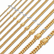 Width comparison chart of 14k gold hollow Miami Cuban link chains ranging from 3.0mm to 15.0mm.