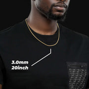 Man wearing a 3.0mm width 20-inch 14k gold hollow Miami Cuban chain necklace.