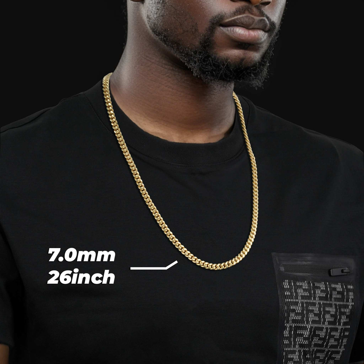 Man wearing a 7.0mm width 26-inch 14k gold hollow Miami Cuban chain necklace.