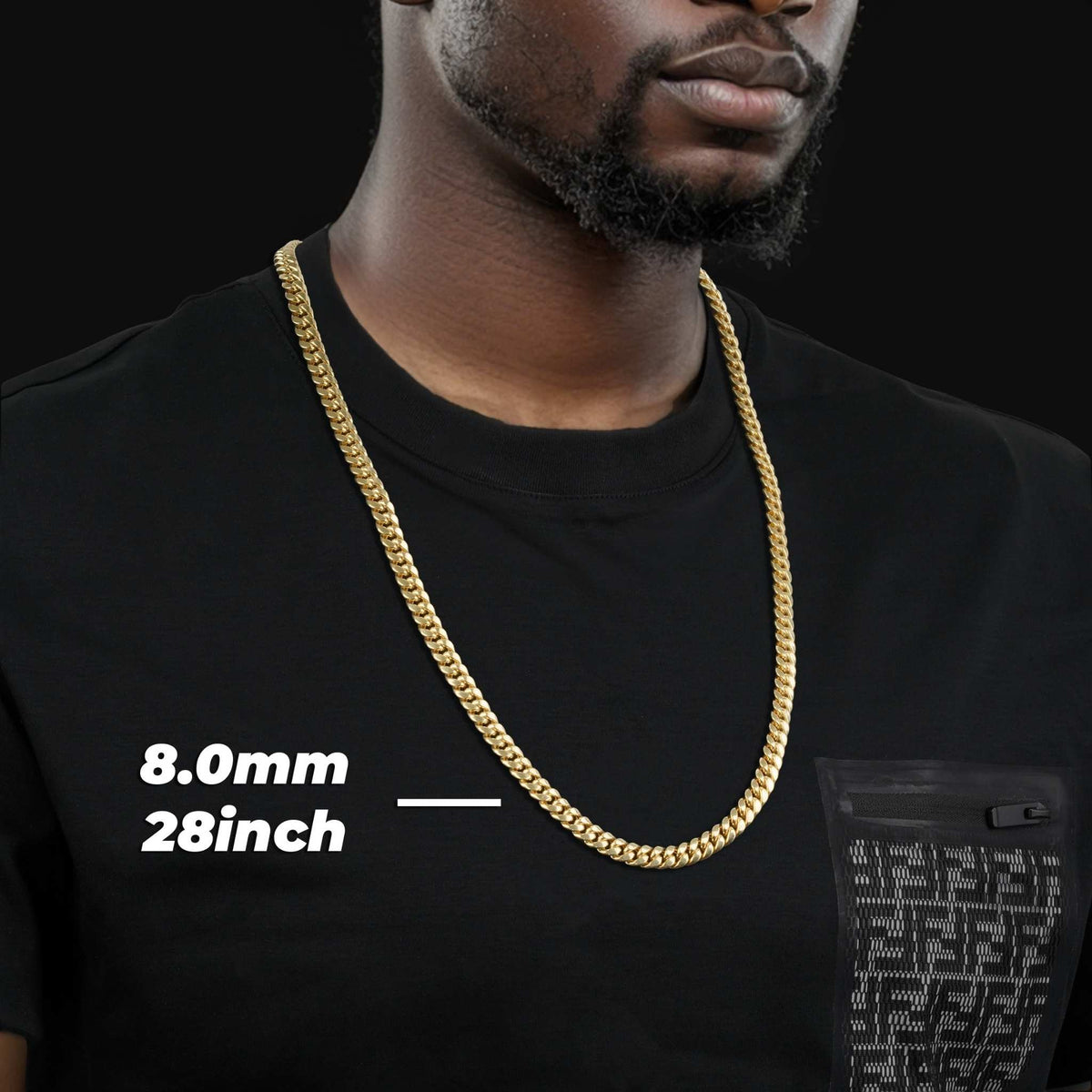 Man wearing an 8.0mm width 28-inch 14k gold hollow Miami Cuban chain necklace.