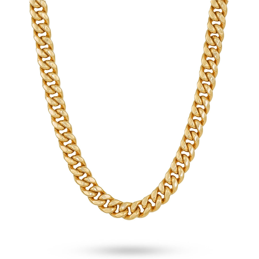 14k gold hollow Miami Cuban link chain necklace displayed on a white background.