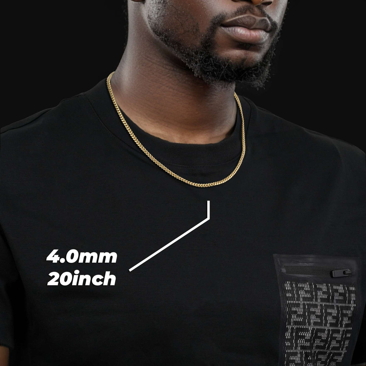 Man wearing a 4.0mm width 20-inch 14k gold Miami Cuban chain necklace.