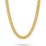 14k yellow gold solid Miami Cuban link chain necklace displayed on a white background.