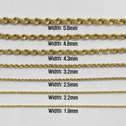 Width comparison chart showing seven thicknesses of 14k gold rope chain link bracelets.