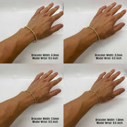 Grid showing four 14k gold rope chain bracelet widths modeled on a wrist.