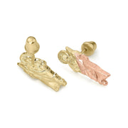 Side view of two-tone 14k gold San Judas earring with secure screw-back closure.