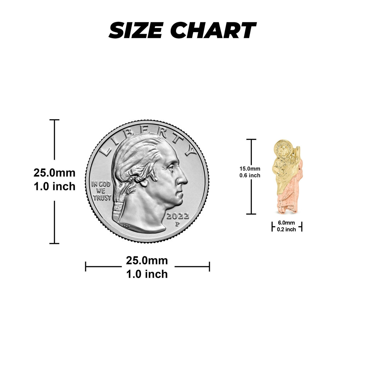Size chart comparing the 6.0mm by 15.0mm San Judas earring to a US quarter.