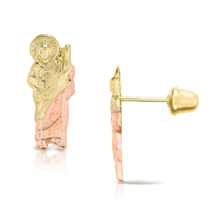 Pair of two-tone 14k gold San Judas stud earrings with secure screw-back closure.