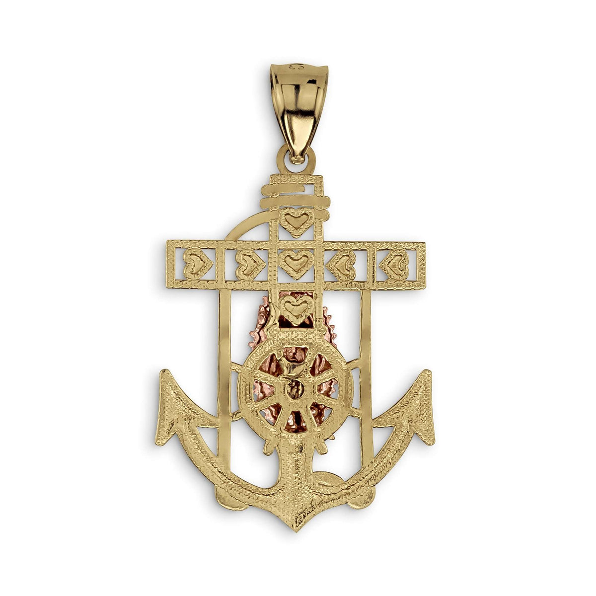 Rear view of the 14k gold anchor pendant with a smooth, polished finish.