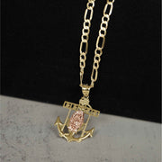 Close-up photo of the 14k Gold Divine Two-Tone Guadalupe Anchor Pendant hanging on a matching chain.