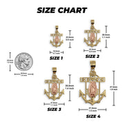Size chart displaying four options of the gold anchor pendant with millimeter and inch dimensions.