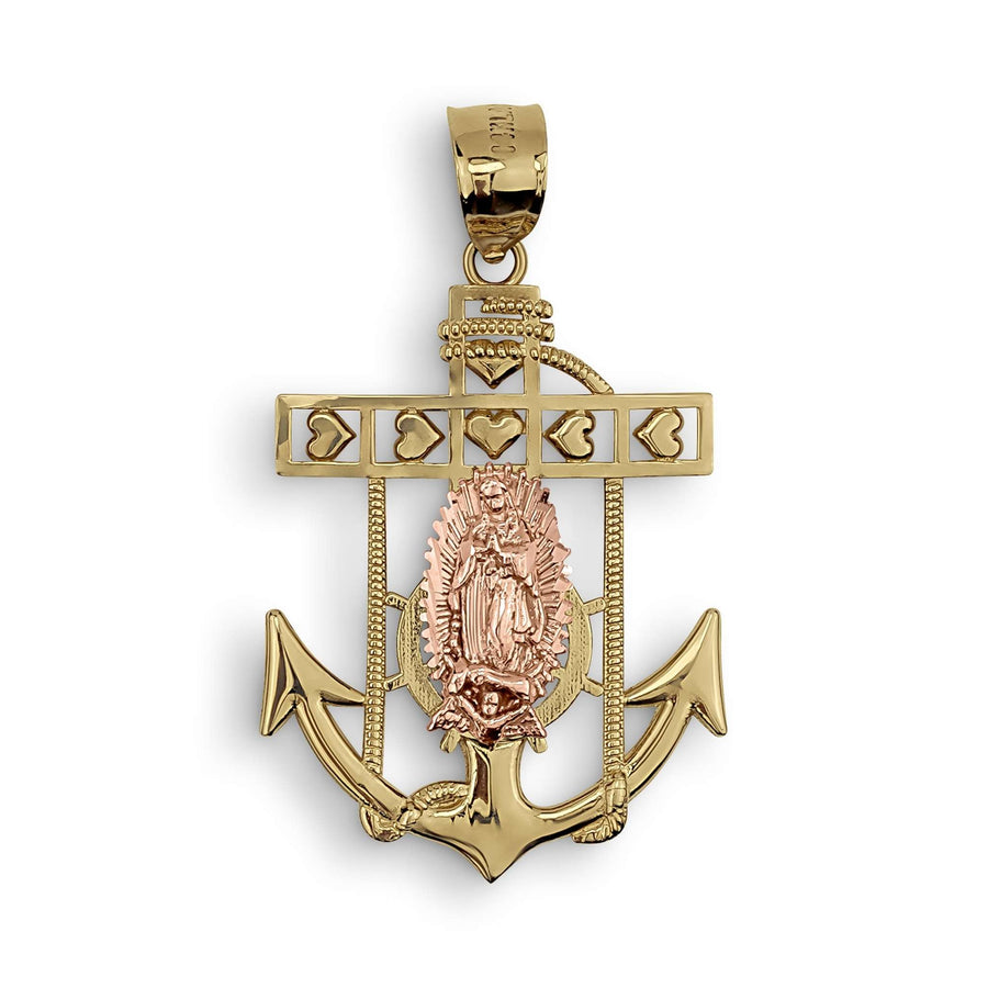 A gold and rose gold pendant featuring an anchor design with a central rosary medal of the Virgin Mary, set against a plain white background.