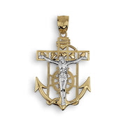 Front view of a two-tone 14k gold Jesus crucifix anchor pendant charm.
