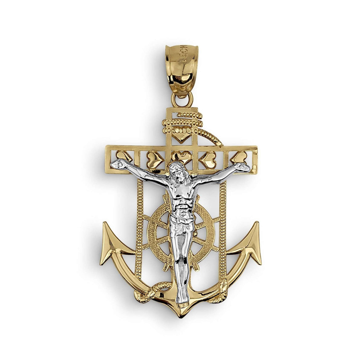 Front view of a two-tone 14k gold Jesus crucifix anchor pendant charm.