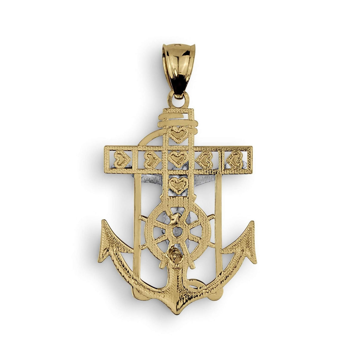 Rear view of a 14k two-tone gold crucifix anchor pendant charm showing textured back pattern.