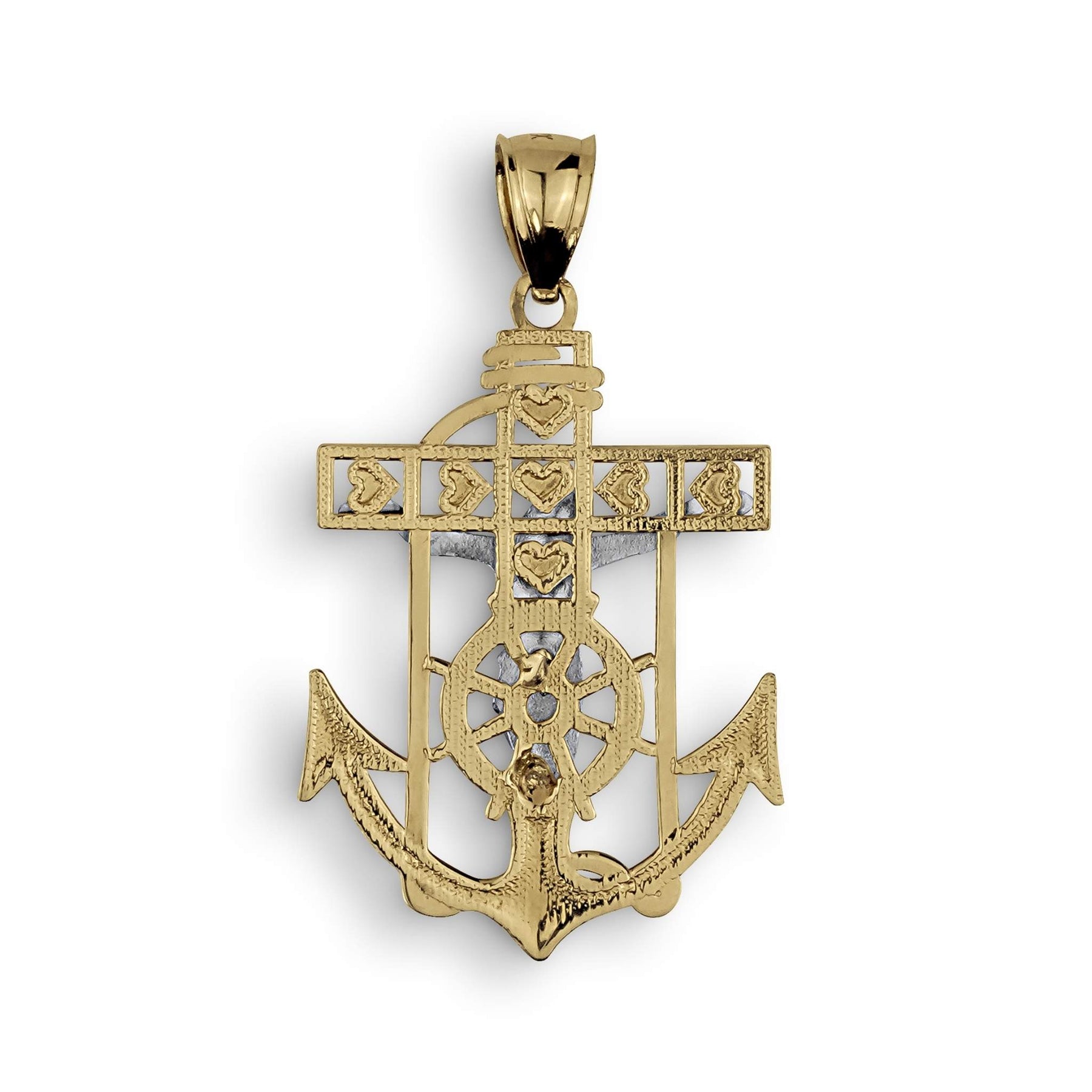 Rear view of the 14k Gold Divine Two-Tone Crucifix Anchor Pendant displaying a smooth, polished gold surface.