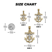 Size chart displaying dimensions for Size 1, Size 2, and Size 3 crucifix anchor pendants.