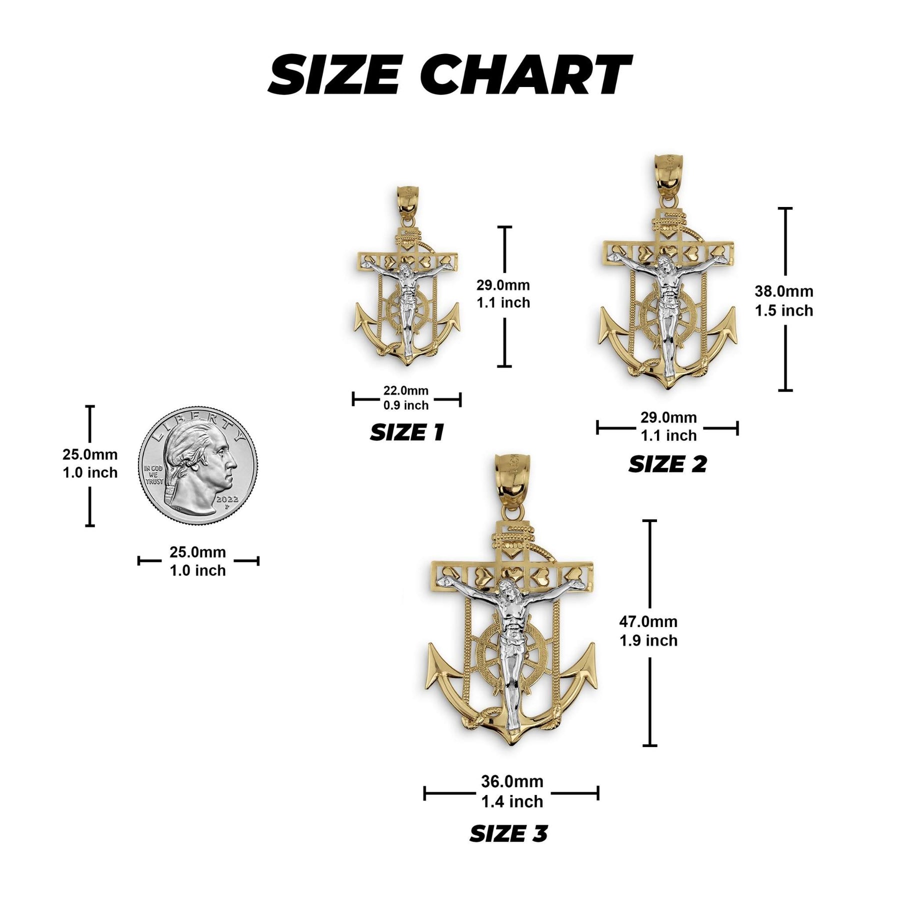 Size chart displaying dimensions for Size 1, Size 2, and Size 3 crucifix anchor pendants.
