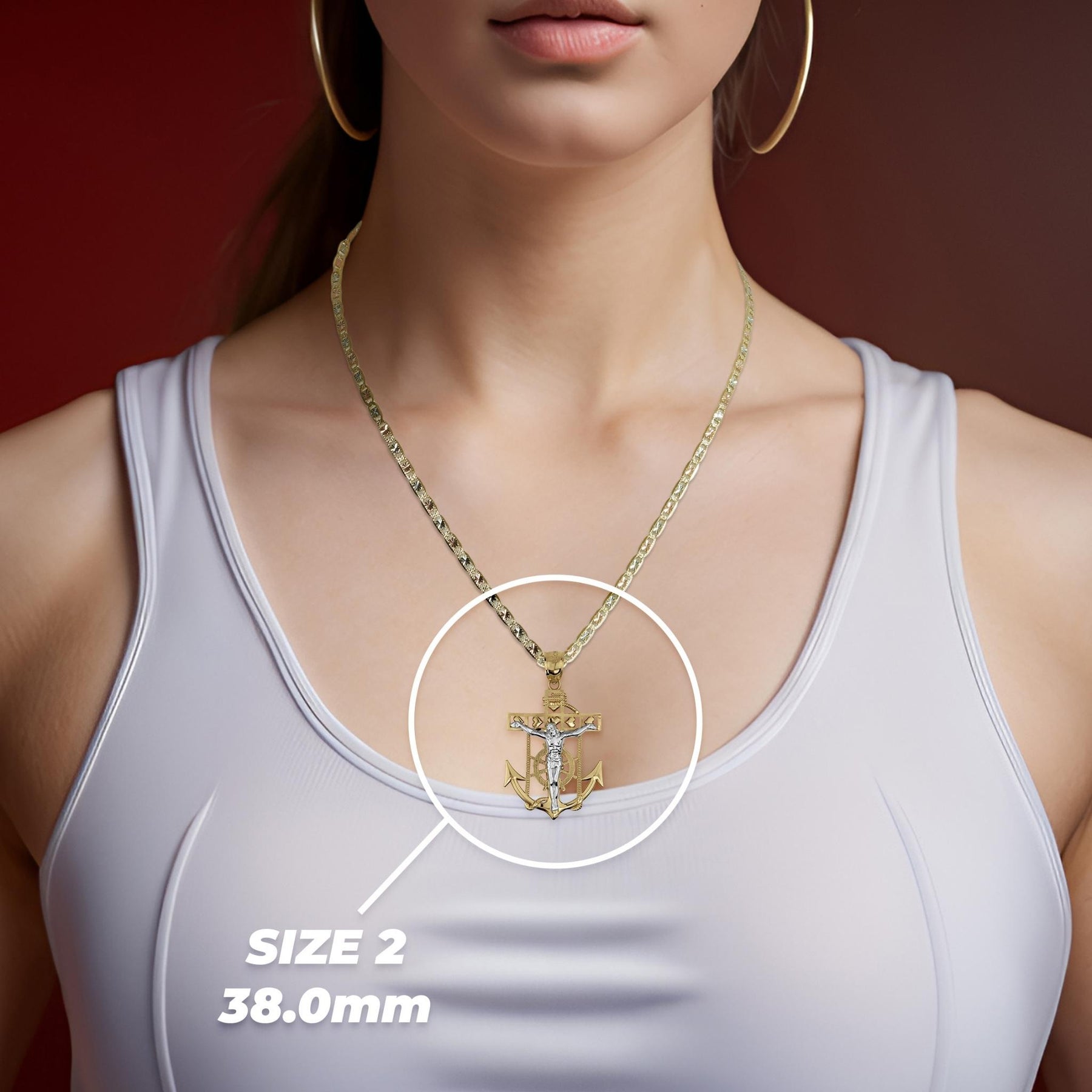Model wearing the gold crucifix anchor necklace with text highlighting Size 2 (38.0mm).