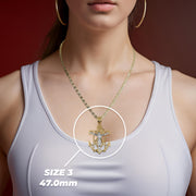 Model wearing the gold crucifix anchor necklace with text highlighting Size 3 (47.0mm).