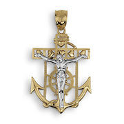 Two-tone gold crucifix anchor pendant with a detailed silver corpus against a white background.