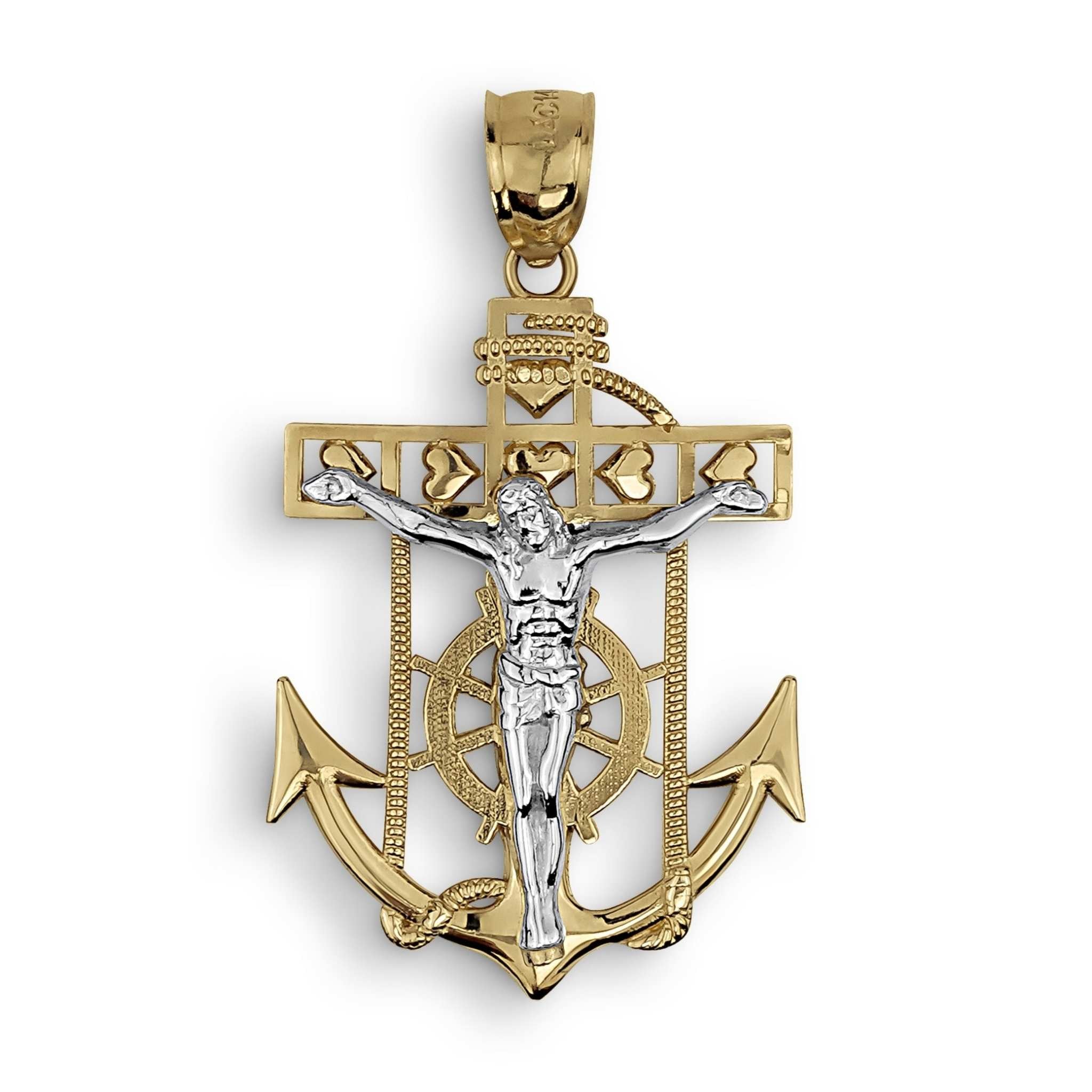 Two-tone gold crucifix anchor pendant with a detailed silver corpus against a white background.