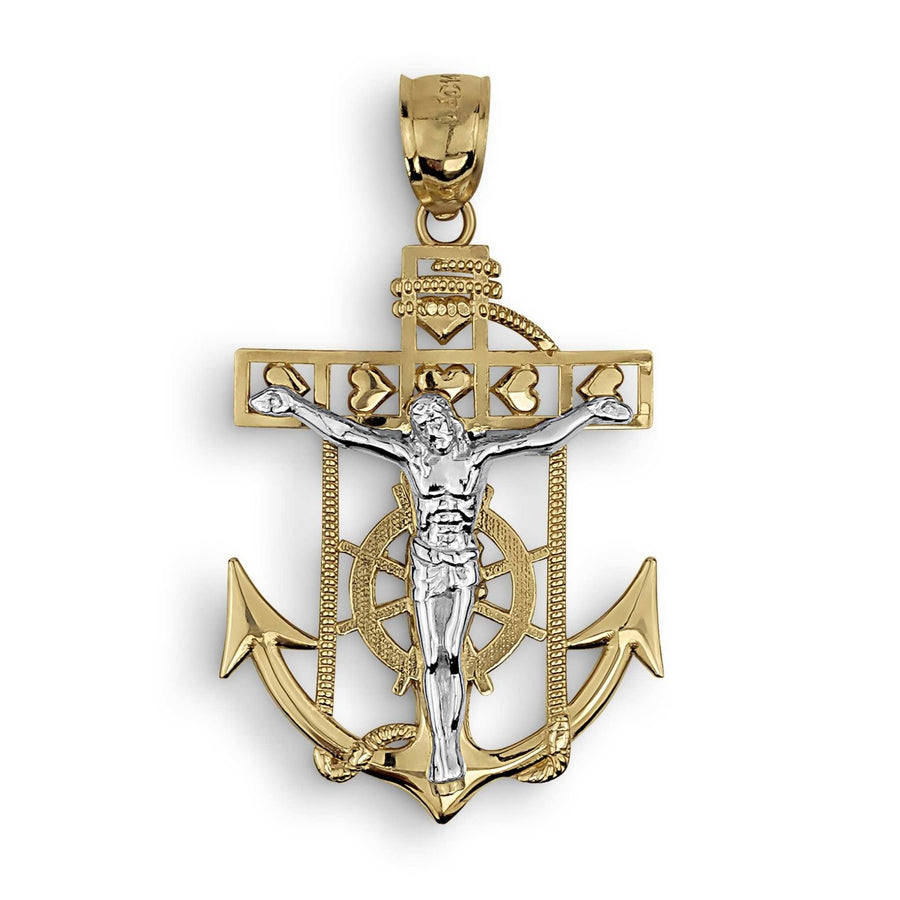 Two-tone gold crucifix anchor pendant with a detailed silver corpus against a white background.