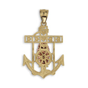 Rear view of a 14k two-tone gold Guadalupe anchor pendant isolated on white background.