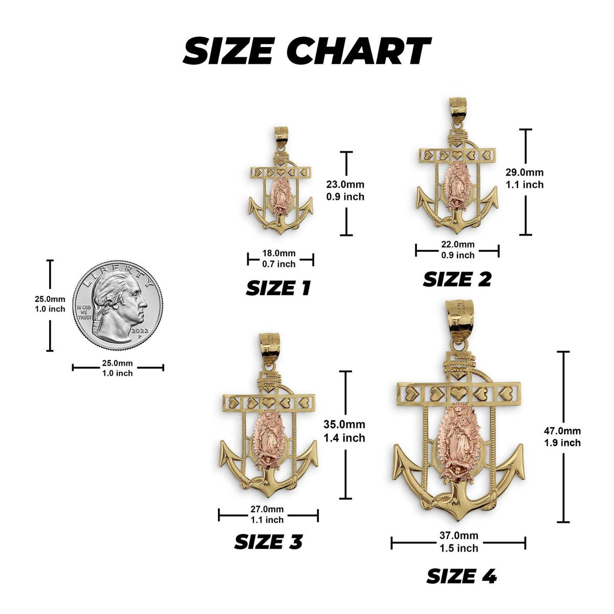 Size chart graphic showing four two-tone gold Guadalupe anchor pendants next to quarter.