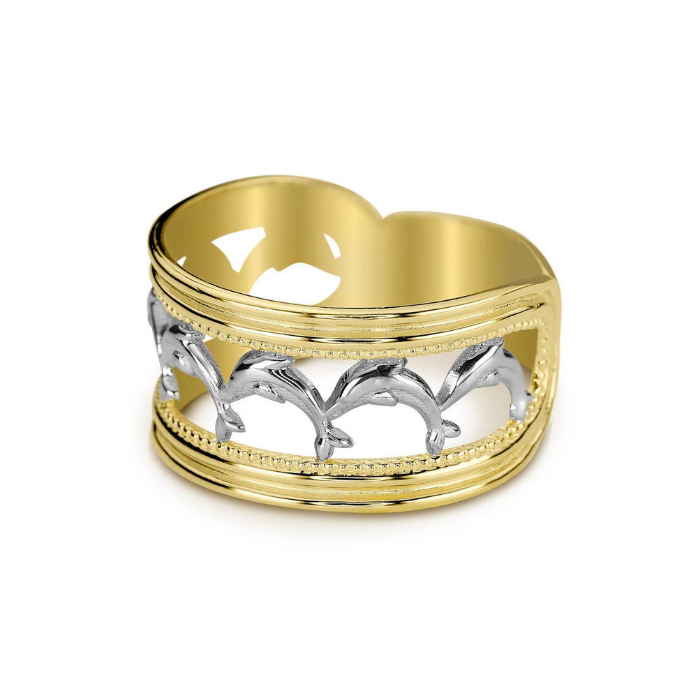 Angled view of a 14k yellow gold wide band ring with white gold dolphins.