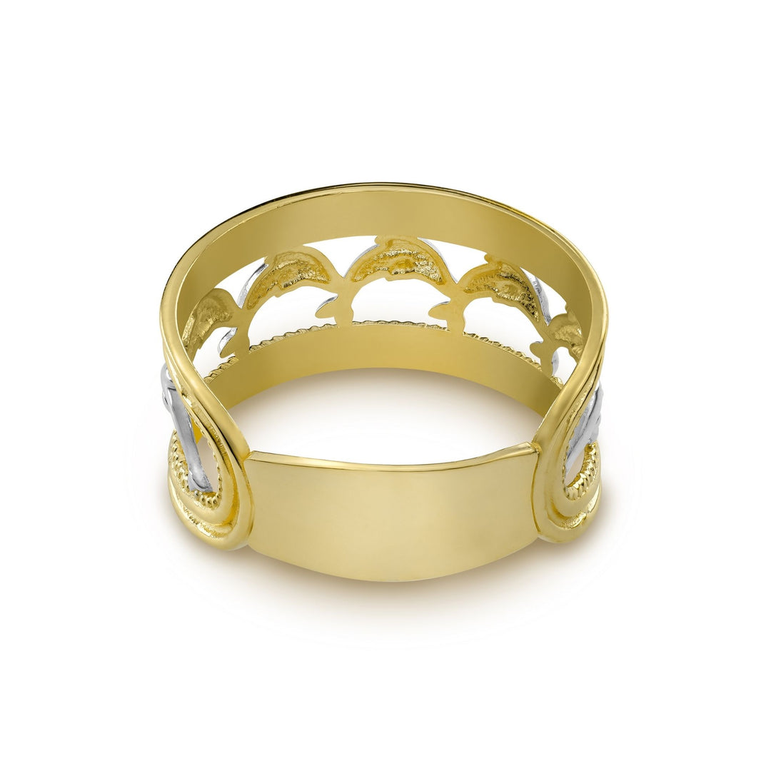 Rear angle of a 14k two-tone gold wide band showcasing the polished inner ring.