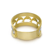 Rear angle of a 14k two-tone gold wide band showcasing the polished inner ring.
