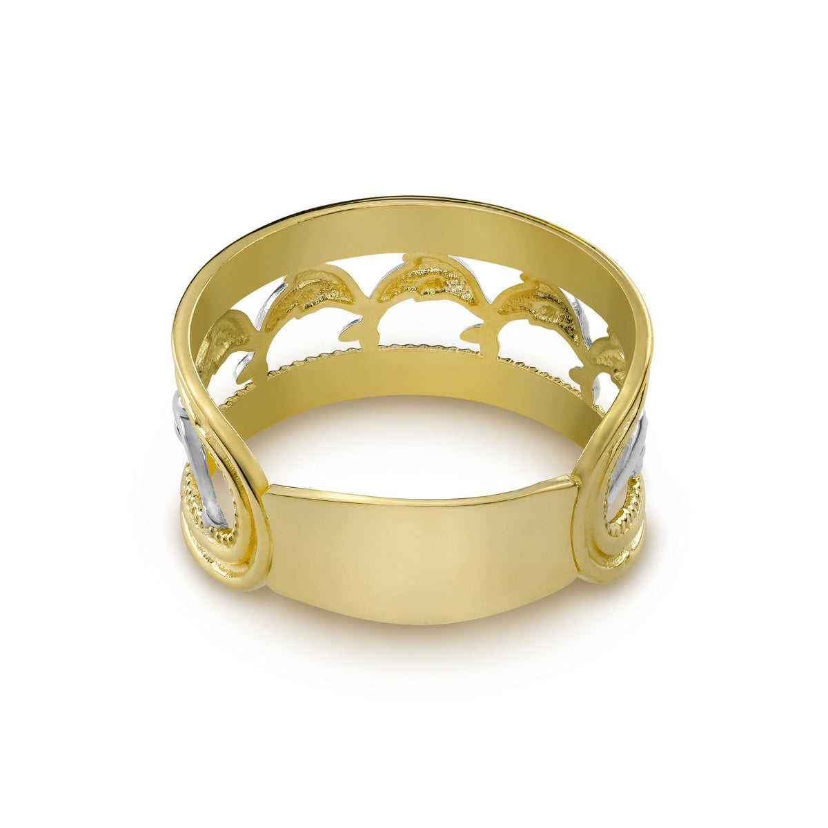 Rear angle of a 14k two-tone gold wide band showcasing the polished inner ring.