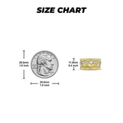 Size chart comparing a US quarter to the 14k two-tone gold dolphin wide band