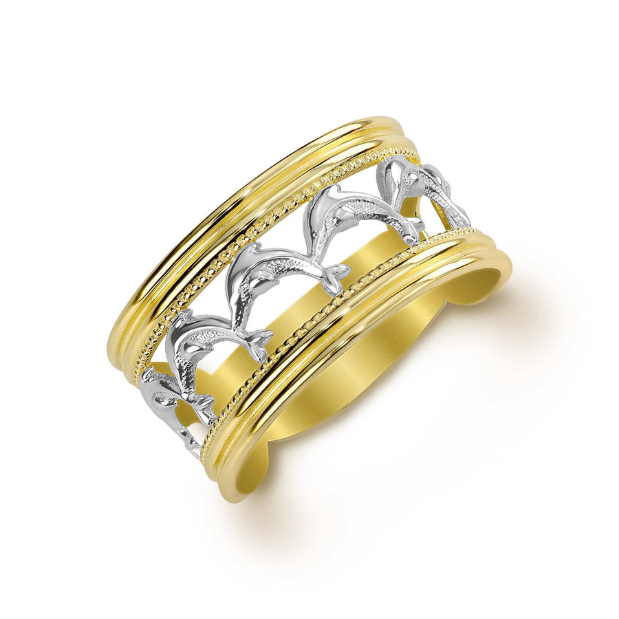 A 14k two-tone gold wide band ring featuring an intricate white gold dolphin motif.