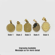 Back view of five 14k gold baptism pendants with engraving available text below.