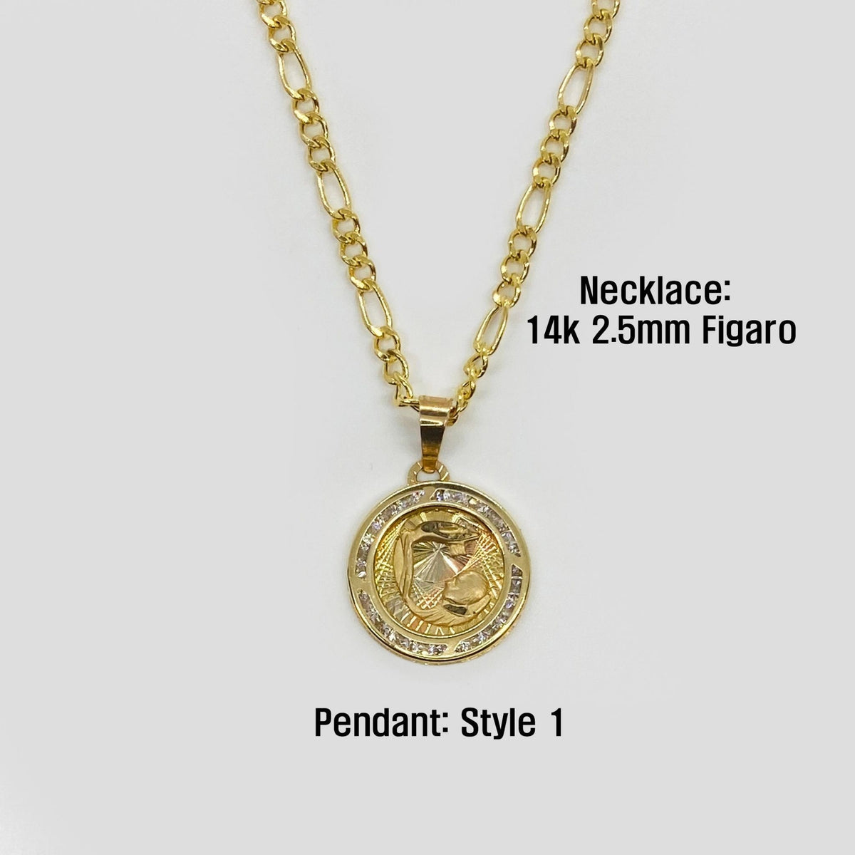 14k gold Style 1 baptism pendant displayed on a 2.5mm Figaro chain necklace.