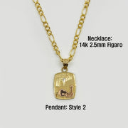 14k gold Style 2 rectangular baptism pendant attached to a 2.5mm Figaro chain.