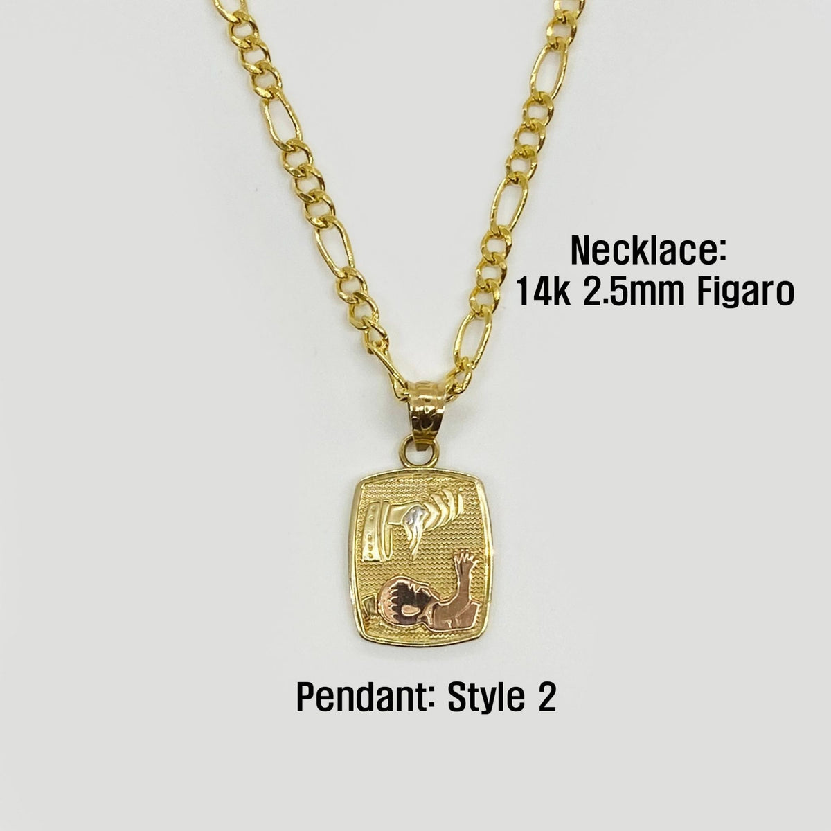 14k gold Style 2 rectangular baptism pendant attached to a 2.5mm Figaro chain.