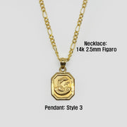 14k gold Style 3 octagonal baptism pendant attached to a 2.5mm Figaro chain.