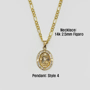 14k gold Style 4 oval baptism pendant attached to a 2.5mm Figaro chain.