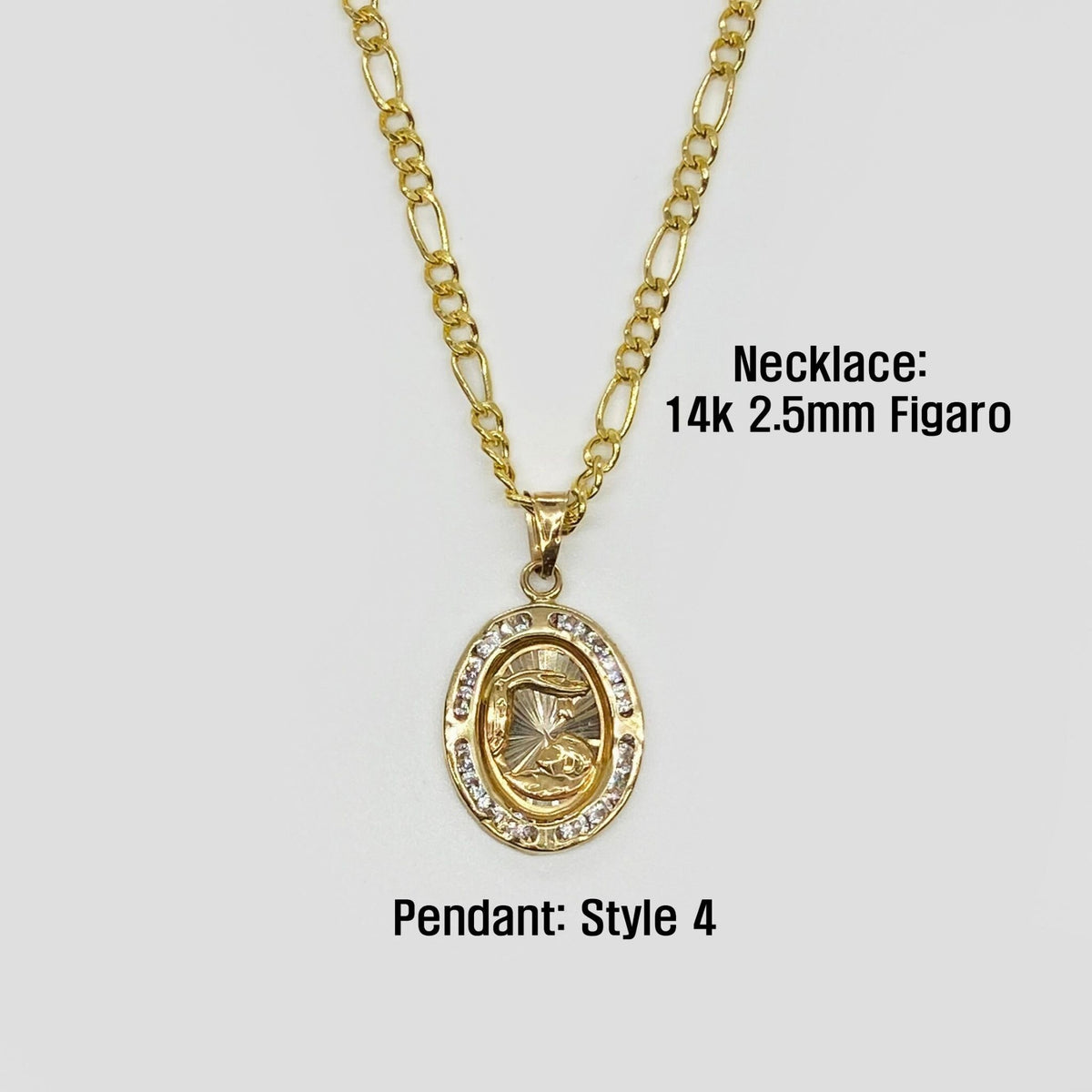 14k gold Style 4 oval baptism pendant attached to a 2.5mm Figaro chain.